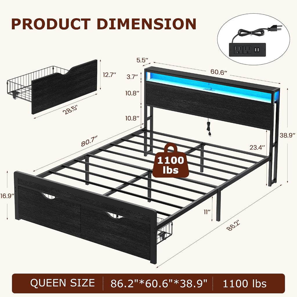 FAVOOSTY Queen Bed Frame with 2-Tier Headboard, Metal Platform with 2 Storage Drawers, LED Lights and Charging Station, Noise Free, No Box Spring Needed, Easy Assembly, Black