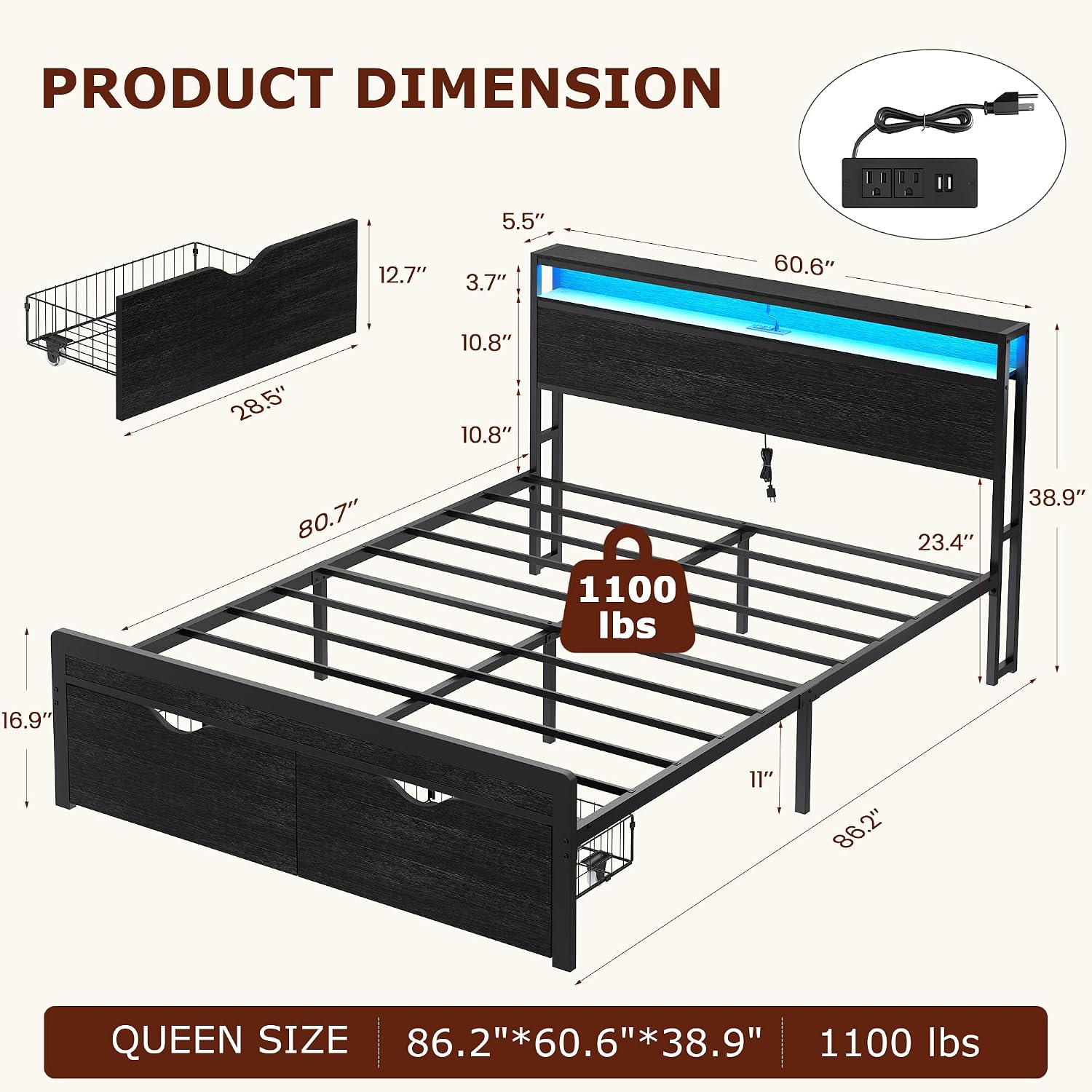 FAVOOSTY Queen Bed Frame with 2-Tier Headboard, Metal Platform with 2 Storage Drawers, LED Lights and Charging Station, Noise Free, No Box Spring Needed, Easy Assembly, Black