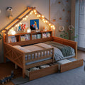 Bellemave Full House Platform Bed with Drawers Wood House Bed with Storage Shelves and LED Lights House Platform Bed Frame for Kids, Teens, Adults, No Spring Box Needed (Natural)