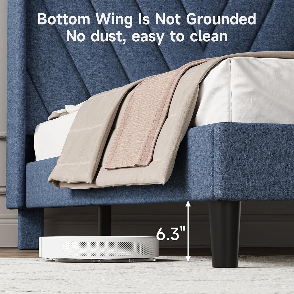 koorlian Queen Bed Frame with Headboard, Adjustable Upholstered Platform Bed Frame with Type-C&USB Ports, Wingback Storage Headboard, Solid Wood Slats Support, No Box Spring Needed, Dark Blue