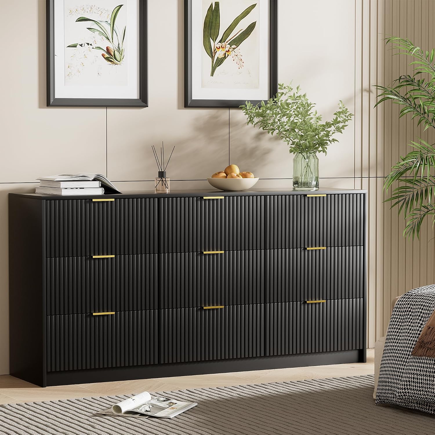 Furniway Black Dresser for Bedroom, Modern Dresser with 9 Drawers and Smooth Slides, Wide Chest of Drawers with Golden Handles for Bedroom, Living Room, Closet, 15.7' D x 63' W x 31.5' H
