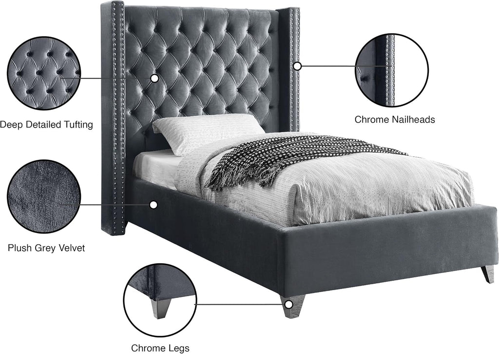 Meridian Furniture Aiden Collection Modern | Contemporary Velvet Upholstered Bed with Deep Button Tufting, Solid Wood Frame, and Custom Chrome Legs, Twin, Grey