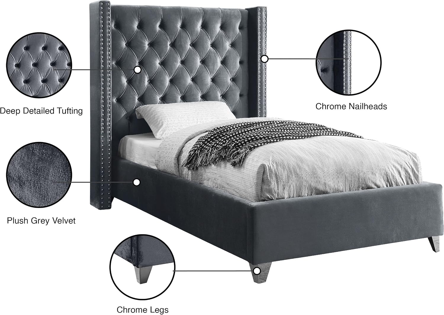 Meridian Furniture Aiden Collection Modern | Contemporary Velvet Upholstered Bed with Deep Button Tufting, Solid Wood Frame, and Custom Chrome Legs, Twin, Grey