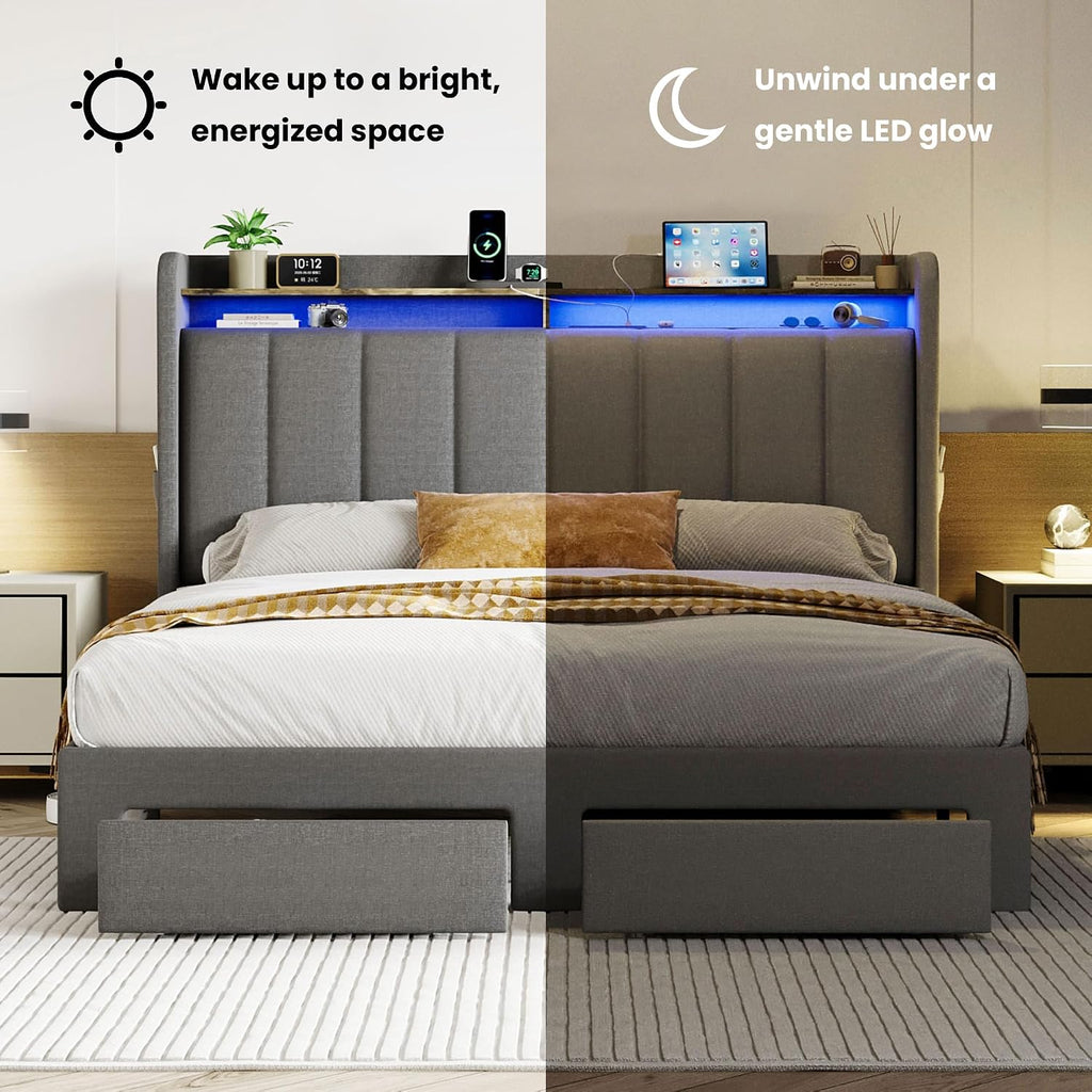 SHA CERLIN Full Size Platform Bed Frame with Vertical Channel Tufted Wingback Headboard & 2 Storage Drawers/2-Tier Shelves with LED Lights & Charging Station/Noise-Free/No Box Spring Needed/Dark Grey