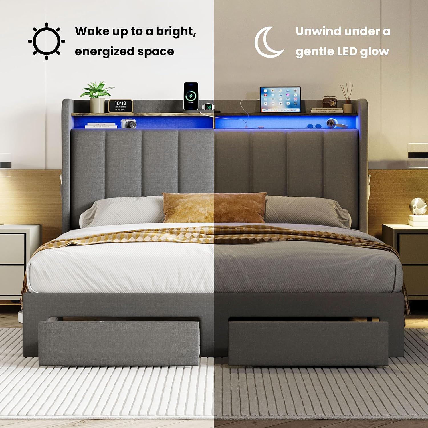 SHA CERLIN Full Size Platform Bed Frame with Vertical Channel Tufted Wingback Headboard & 2 Storage Drawers/2-Tier Shelves with LED Lights & Charging Station/Noise-Free/No Box Spring Needed/Dark Grey