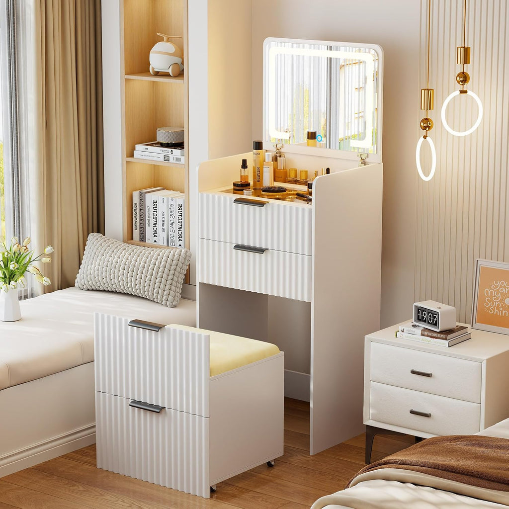 Lvifur 3 in 1 Small Vanity Desk with Plip Top Mirror,Makeup Vanity Set with Visible Glass Desktop,Compact Vanity with 3 Drawers,Storage Compartment and Padded Stool,Dressing Table for Bedroom,White