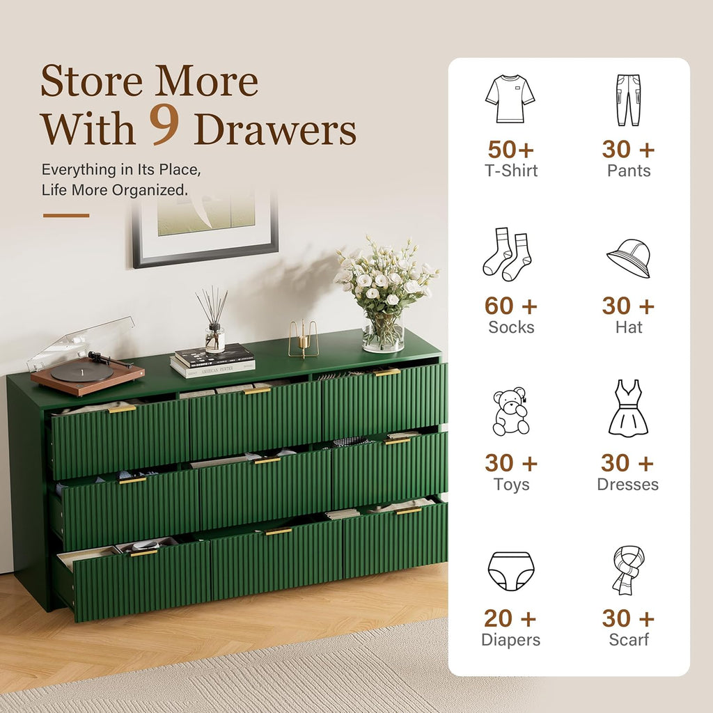 Furniway Green Dresser for Bedroom, Modern Dresser with 9 Drawers and Smooth Slides, Wide Chest of Drawers with Golden Handles for Bedroom, Living Room, Closet, 15.7' D x 63' W x 31.5' H