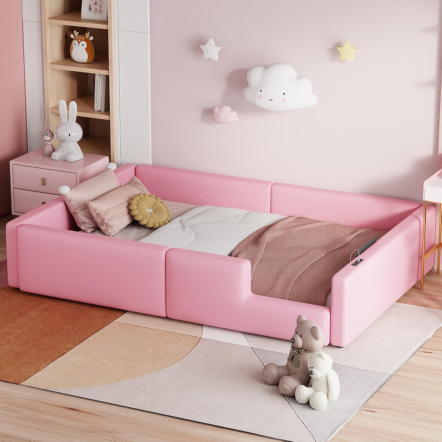 VilroCaz Twin Size Upholstered Platform Bed with Safety Guardrail, Montessori Kids Floor Bed, Child Grounded Bed with Charging Station and Sturdy Slats Support