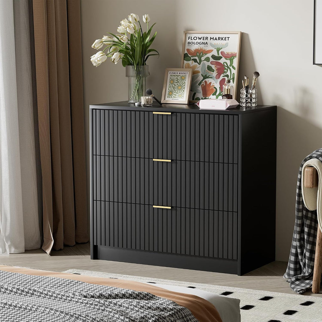 Furniway Black Dresser for Bedroom, Modern Dresser with 3 Drawers and Smooth Slides, Wide Chest of Drawers with Golden Handles for Bedroom, Living Room, Closet, 15.7' D x 31.5' W x 29.6' H