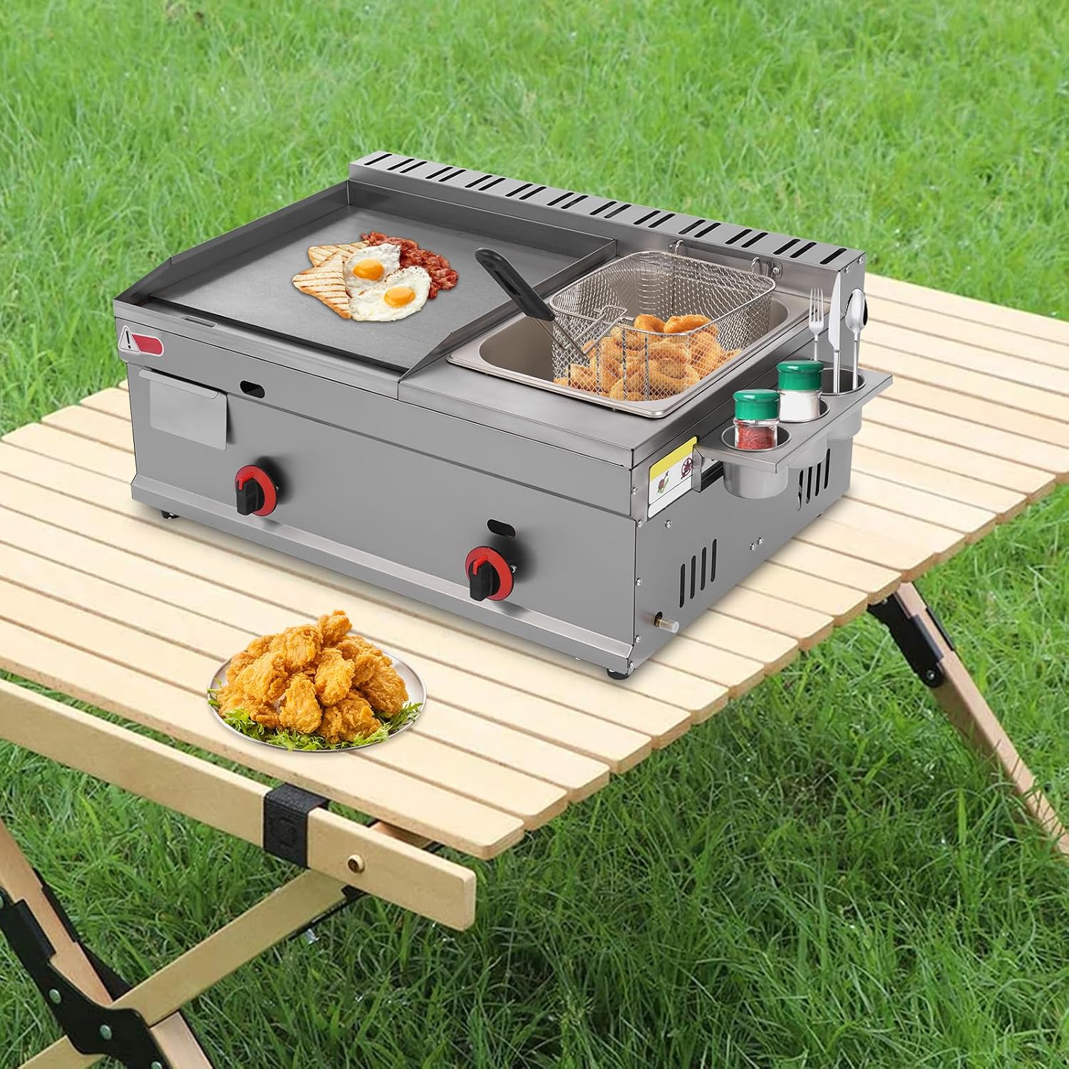Commercial Flat Top Grill Gas Propane Griddle and 6L Deep Fryer Combo Stainless Steel Countertop Gas Fryer with Removable Basket for French Fries Turkey Donuts Home Kitchen Restaurant