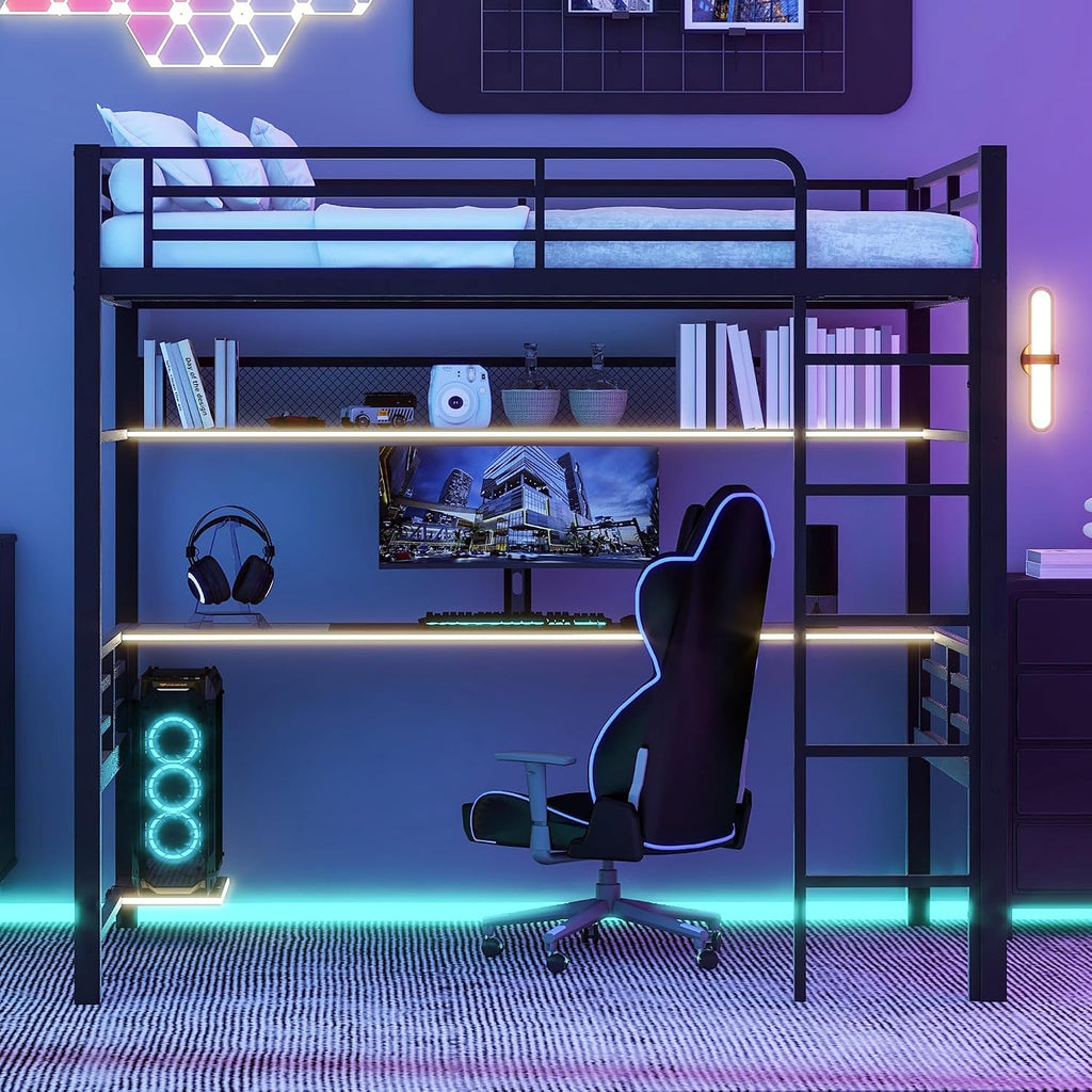 Ball & Cast Modern Full Size Loft Bed with Storage Shelve & LED Light,Metal Bedframe W/Built-in Desk & Computer Host Shelf,Space Saving,Child's and Adults' Bedroom Furniture for Studying Working,Black