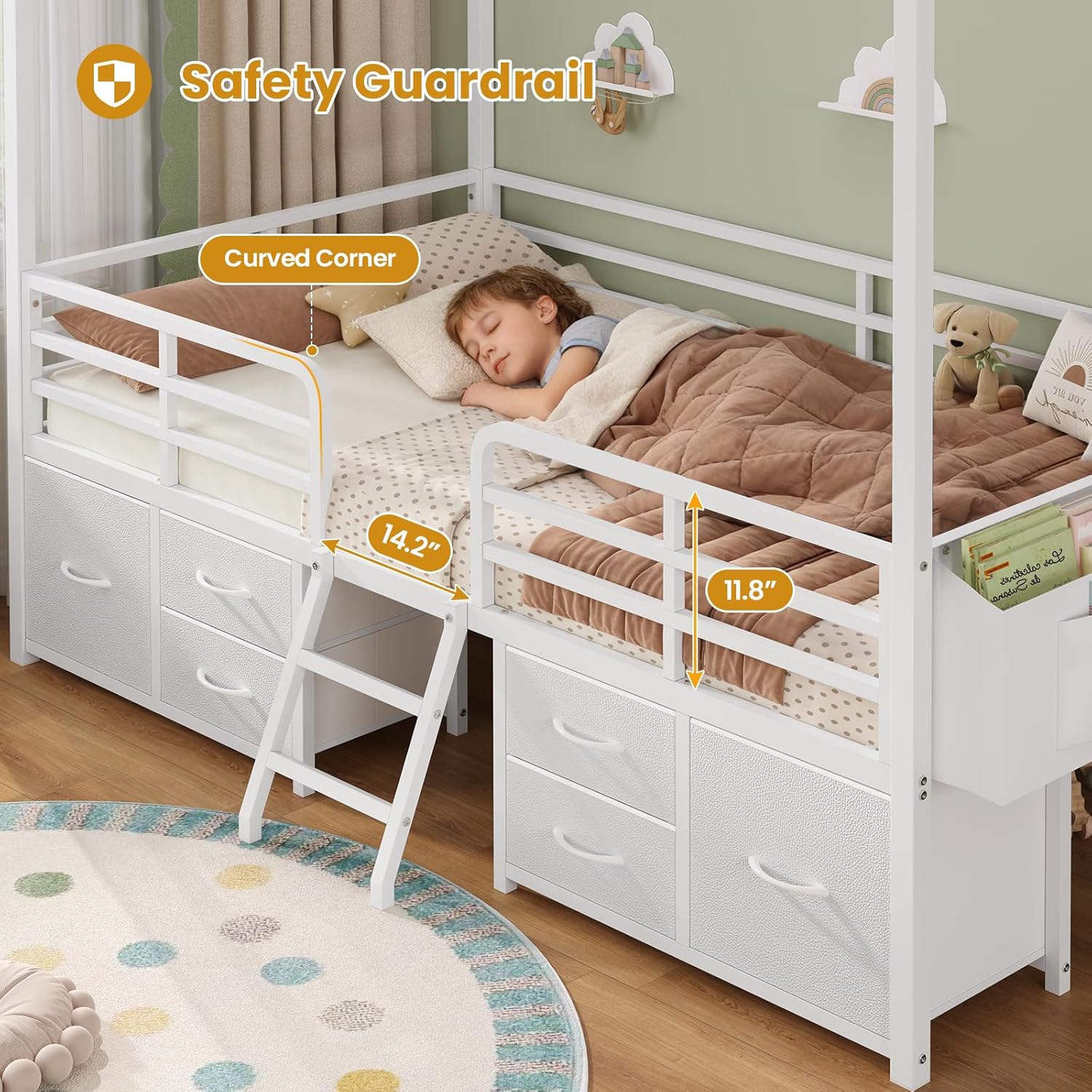 ADORNEVE Twin Size Bed Frame with 6 Drawers,House Bed with Globe String Lights Plug in,Metal Kids Bed with Safety Guardrail & Inclined Ladder,No Box Sping Needed,White