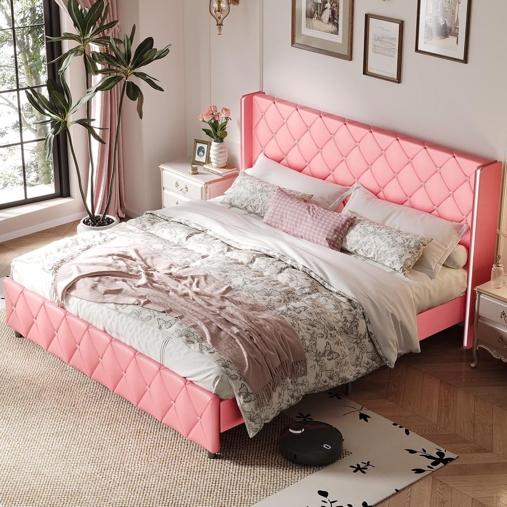 HOMBCK King Bed Frame and Headboard, Faux Leather Upholstered Bed with Wingback Design, Pink Bed Frame with Diamond, No Box Spring Needed, Easy Assembly, Pink