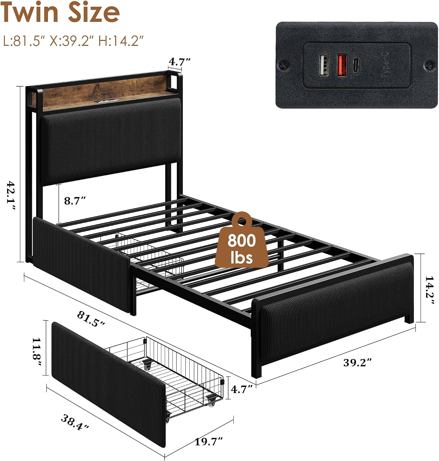 GAOMON Twin Size Bed Frame with 2 Storage Drawers and Charging Station, Rustic Velvet Upholstered Platform Bedframe with Storage Headboard, No Box Spring Needed, Easy Assembly, Noise Free, Black