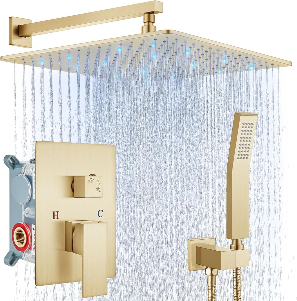 Aolemi Shower Faucet Set with Handheld Spray High Pressure Shower System Shower Faucets Sets Complete Rough-in Valve and Shower Trim Kit Wall Mount Rainfall 16 Inch LED Shower Head Brushed Gold