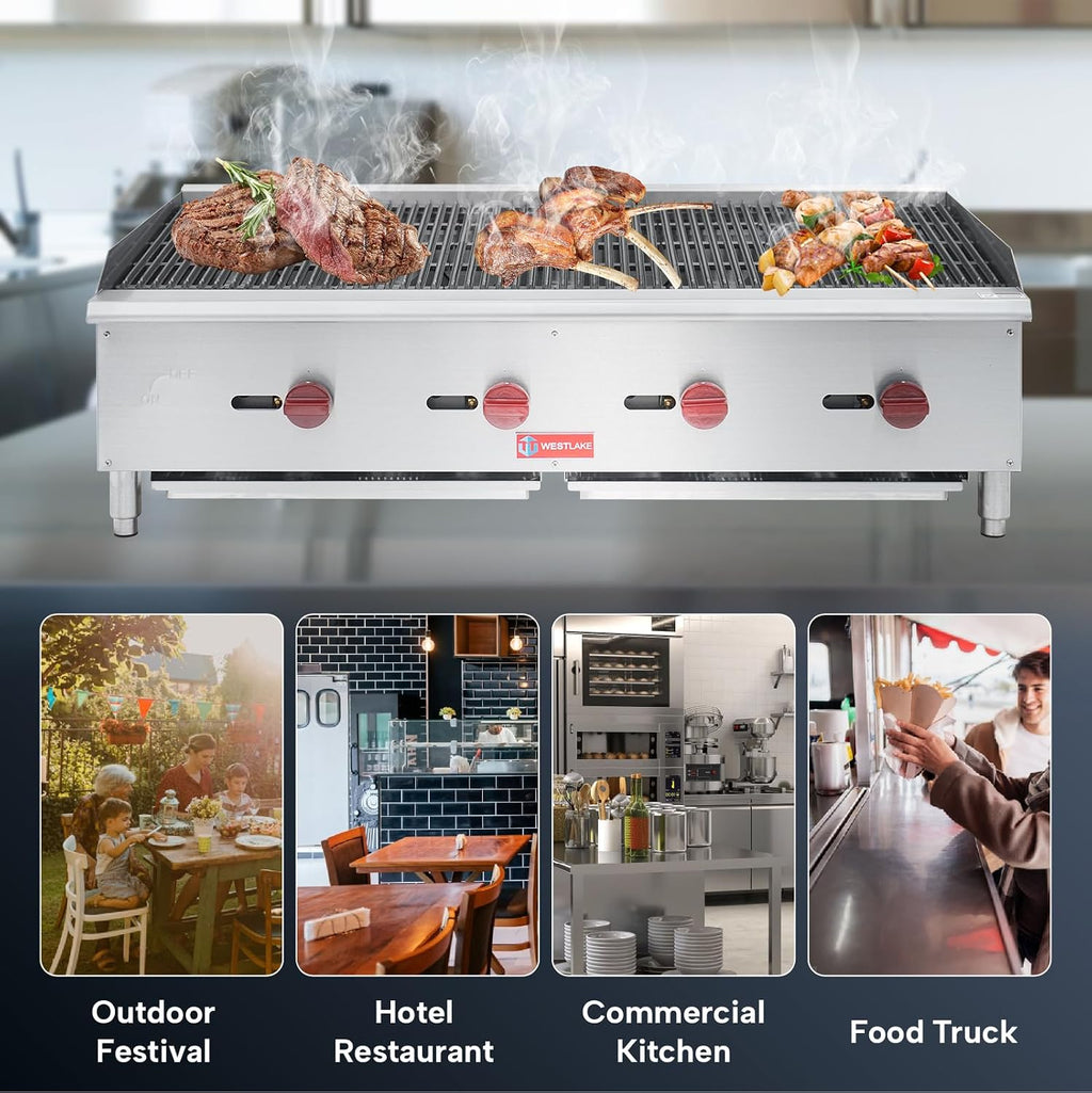 WESTLAKE 48'W Commercial Charbroiler Gas Countertop 4 Burner Natural Gas and Propane 120,000 BTU Char Broiler Stainless Steel BBQ Stove Grill for Restaurants