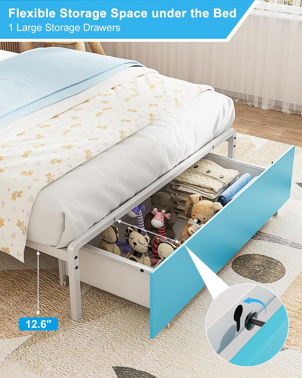 Twin Size Bed Frame, Storage Headboard with Drawers, 3-in-1 Charging Hub & Nightstand, Strong Metal Slats, No Box Spring Required (Blue White, Twin)