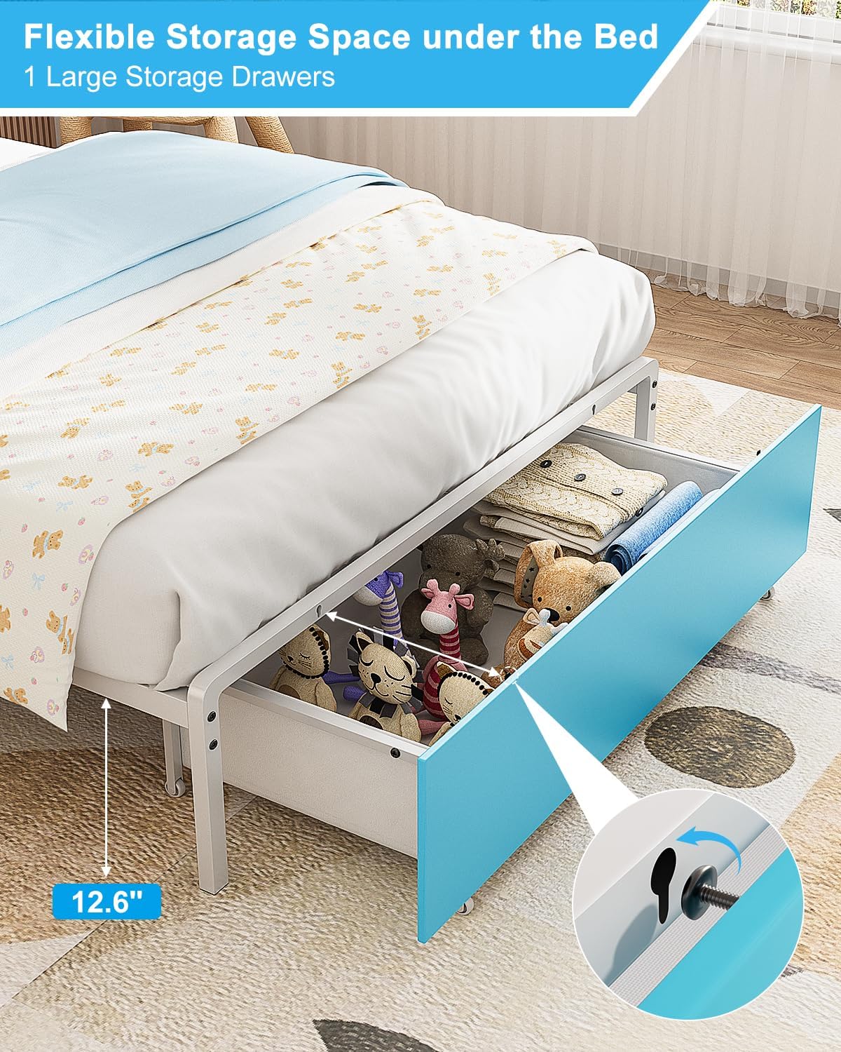 Twin Size Bed Frame, Storage Headboard with Drawers, 3-in-1 Charging Hub & Nightstand, Strong Metal Slats, No Box Spring Required (Blue White, Twin)