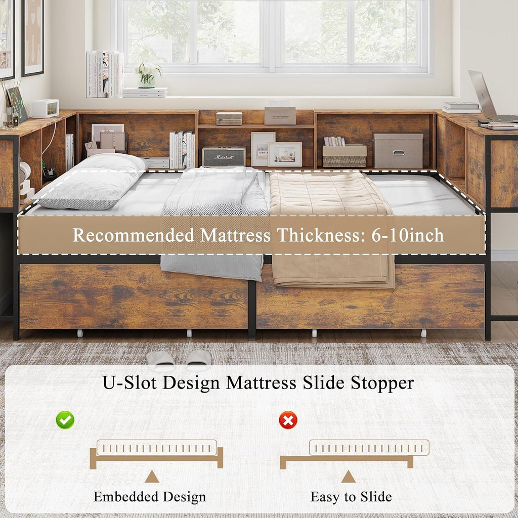 Full Corner Bed Frame with Storage Bookcase and Desktop, Daybed with Charging Station & 2 Storage Drawers, Full Size U-Shaped Metal Platform Bed for Teen & Kids, Bedroom, Living Room, Vintage Brown