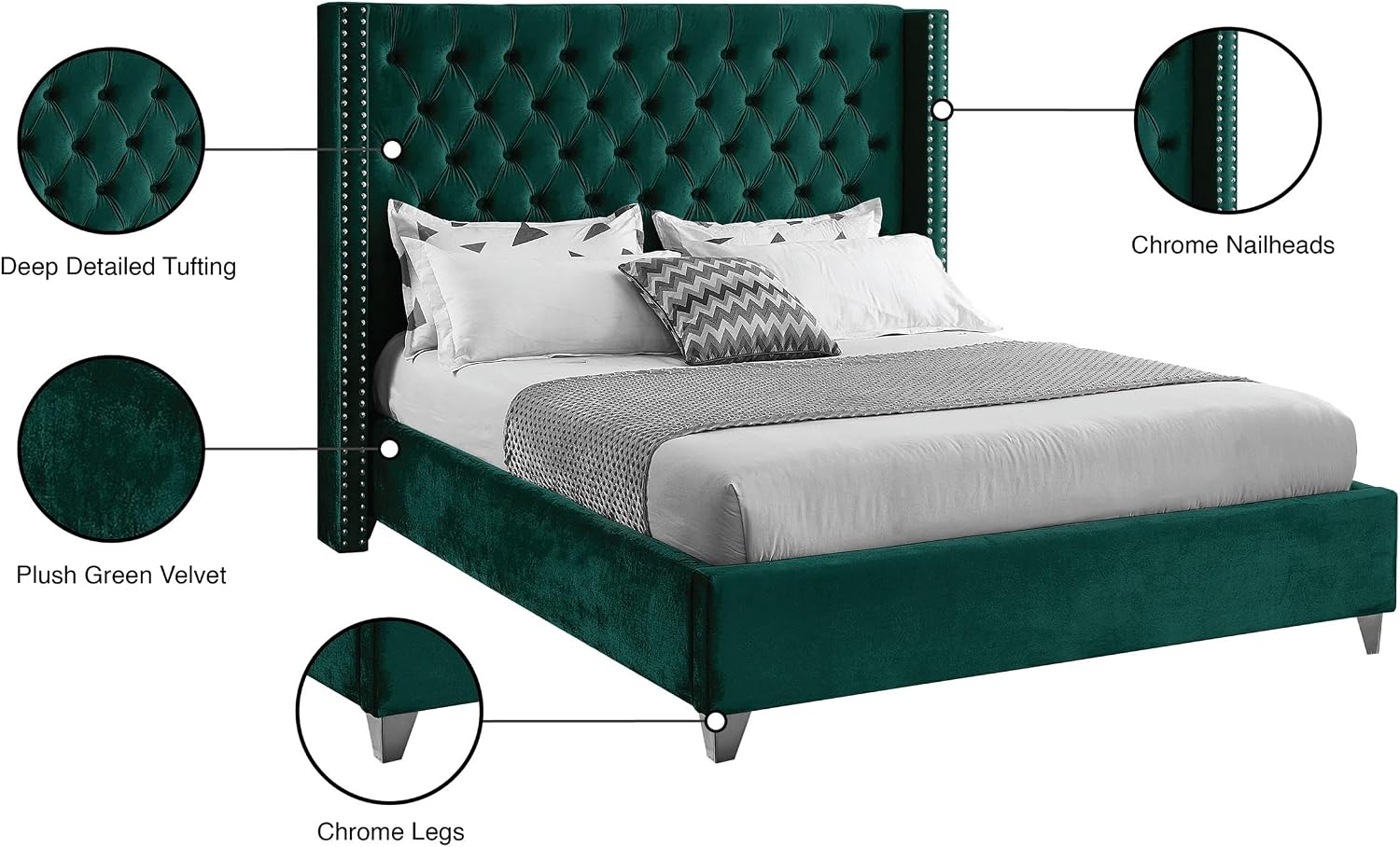 Meridian Furniture Aiden Collection Modern | Contemporary Velvet Upholstered Bed with Deep Button Tufting, Solid Wood Frame, and Custom Chrome Legs, Full, Green