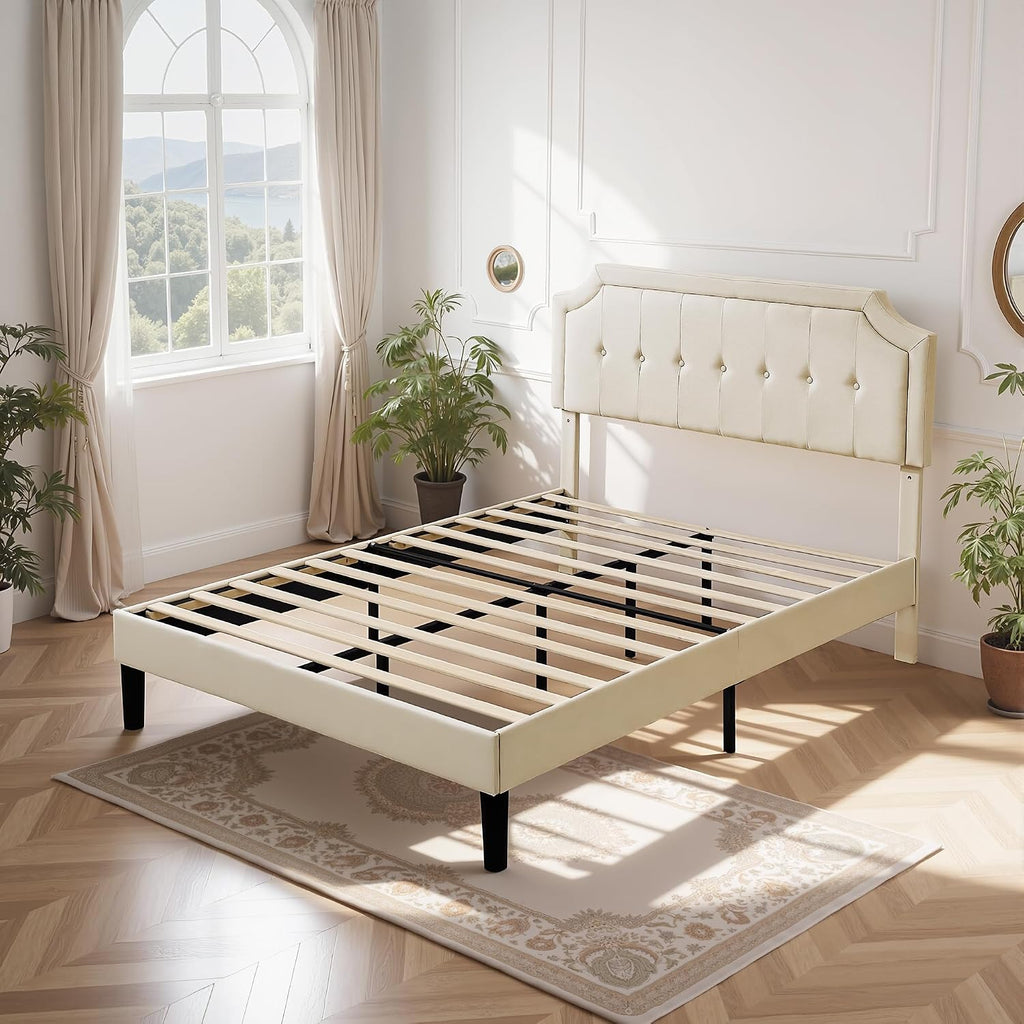 VECELO Full Size Platform Bed Frame with Fabric Upholstered Headboard and Wooden Slats Support, No Box Spring Needed/Easy Assembly,Beige