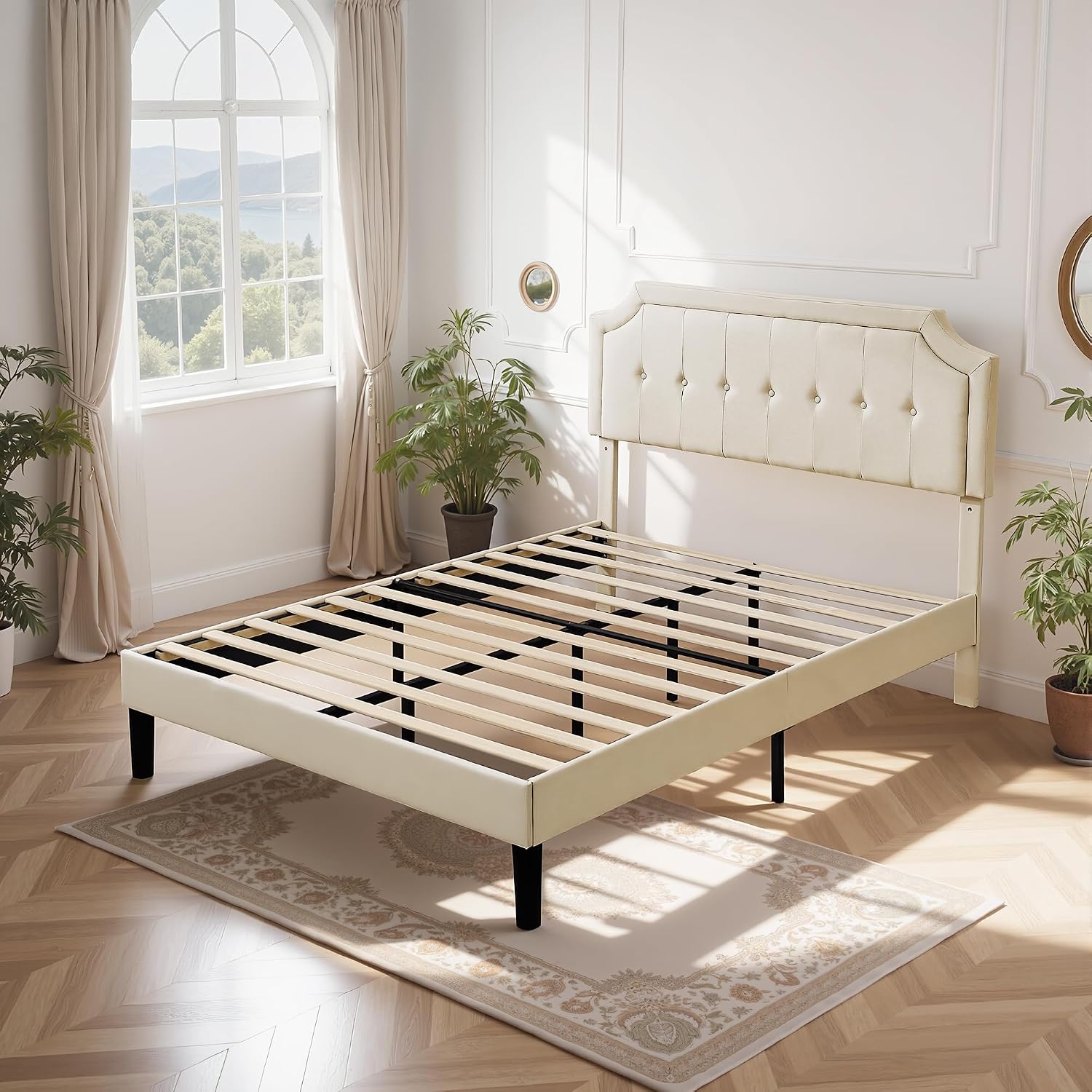 VECELO Full Size Platform Bed Frame with Fabric Upholstered Headboard and Wooden Slats Support, No Box Spring Needed/Easy Assembly,Beige