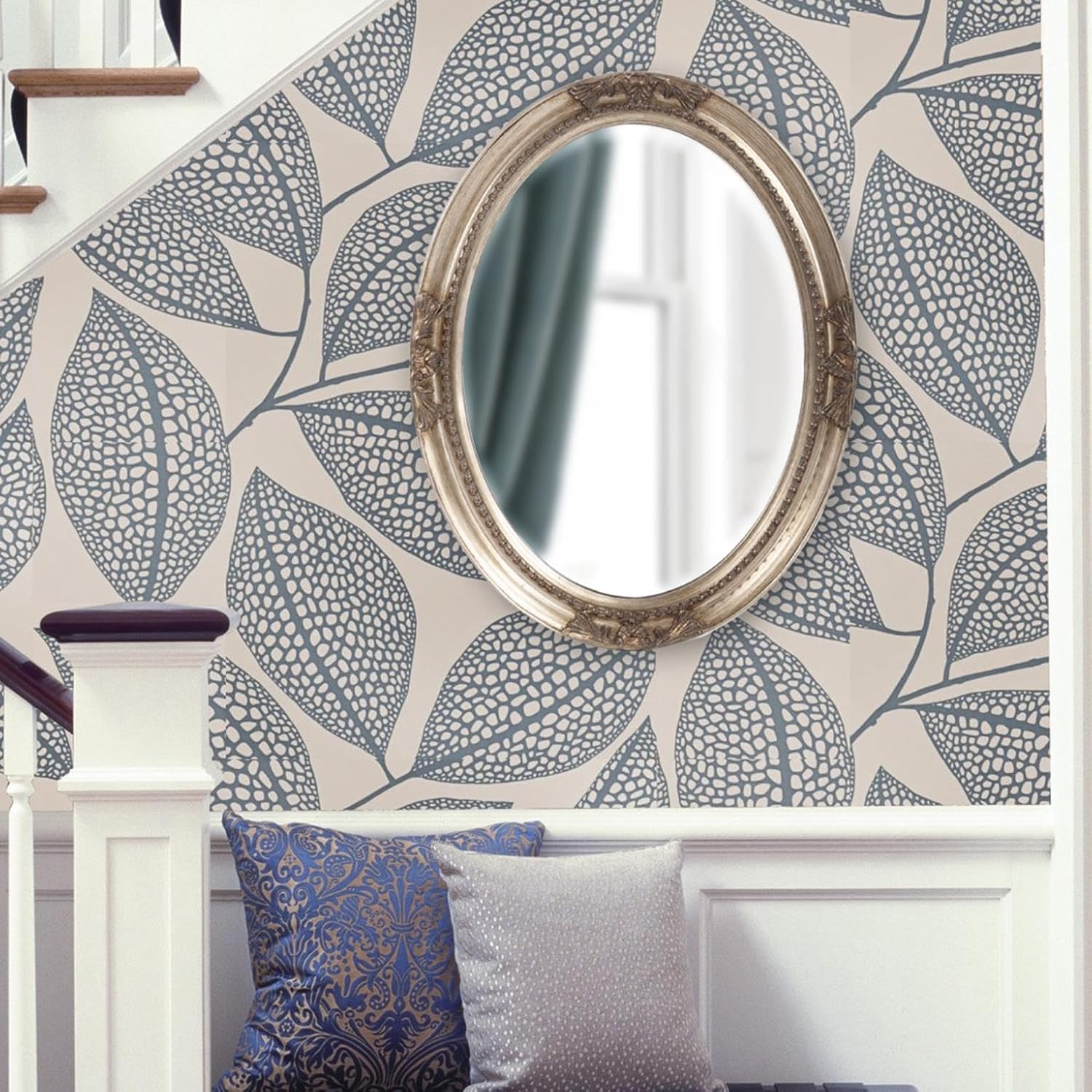 Howard Elliott Collection Queen Ann Oval Antique Silver Leaf Wall Mirror, Oval Bevelled Hanging Wood Framed Vanity Mirrors for Home Decor, Living Room, Bathroom, Bedroom, or Hallway, 25 x 33 Inch