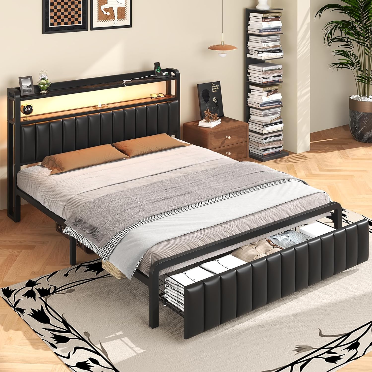 LOEWAY Full Size Bed Frame with Storage Headboard, Metal Platform Bed with LED Lights, Charging Station, Storage Drawers, Noise Free, No Box Spring Needed, Black