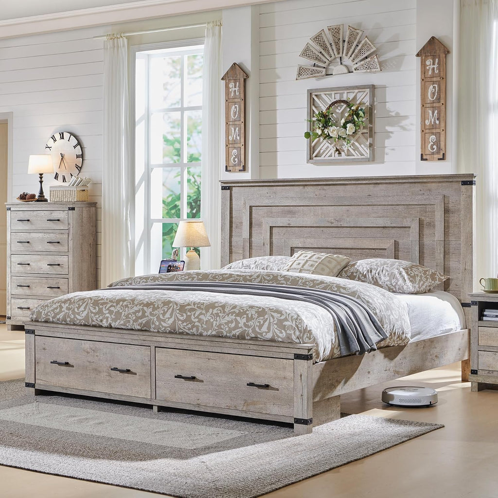 RedLemon Farmhouse Queen Size Wood Bed Frame with 54' Tall Geometric Headboard, 2 Large Storage Drawers, Solid Wood Slats Support, Noise Free, No Box Spring Needed, Light Rustic Oak