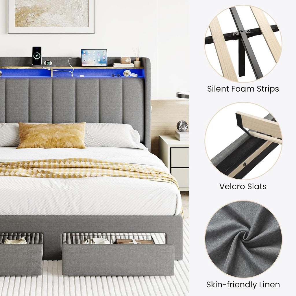 SHA CERLIN Full Size Platform Bed Frame with Vertical Channel Tufted Wingback Headboard & 2 Storage Drawers/2-Tier Shelves with LED Lights & Charging Station/Noise-Free/No Box Spring Needed/Dark Grey