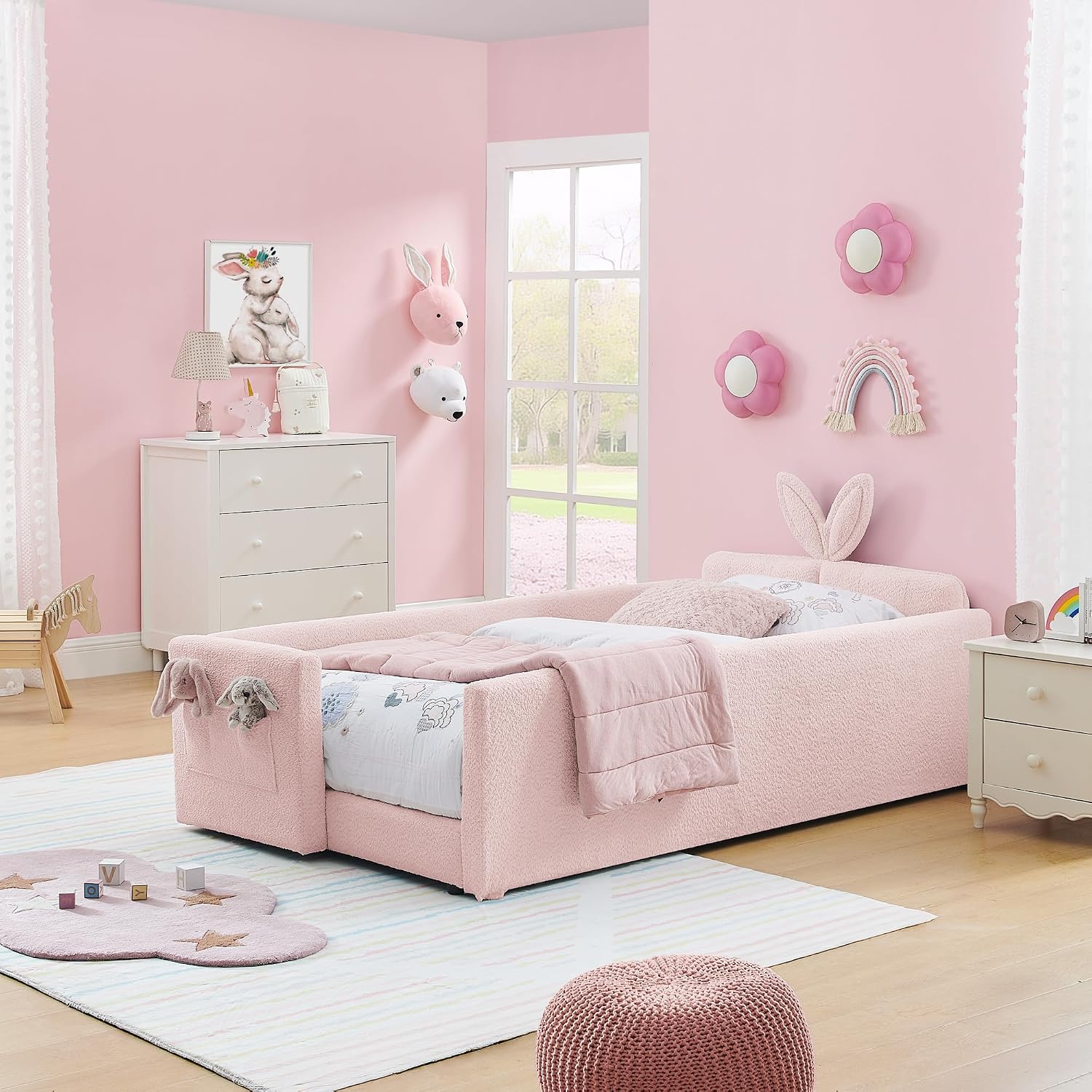 Twin Size Upholstered Platform Bed with Safety Guardrail and Cute Rabbit Ear Shaped Headboard, Boucle Fabric Montessori Kids Bed with Pocket and Sturdy Slats Support (Pink-7.24)