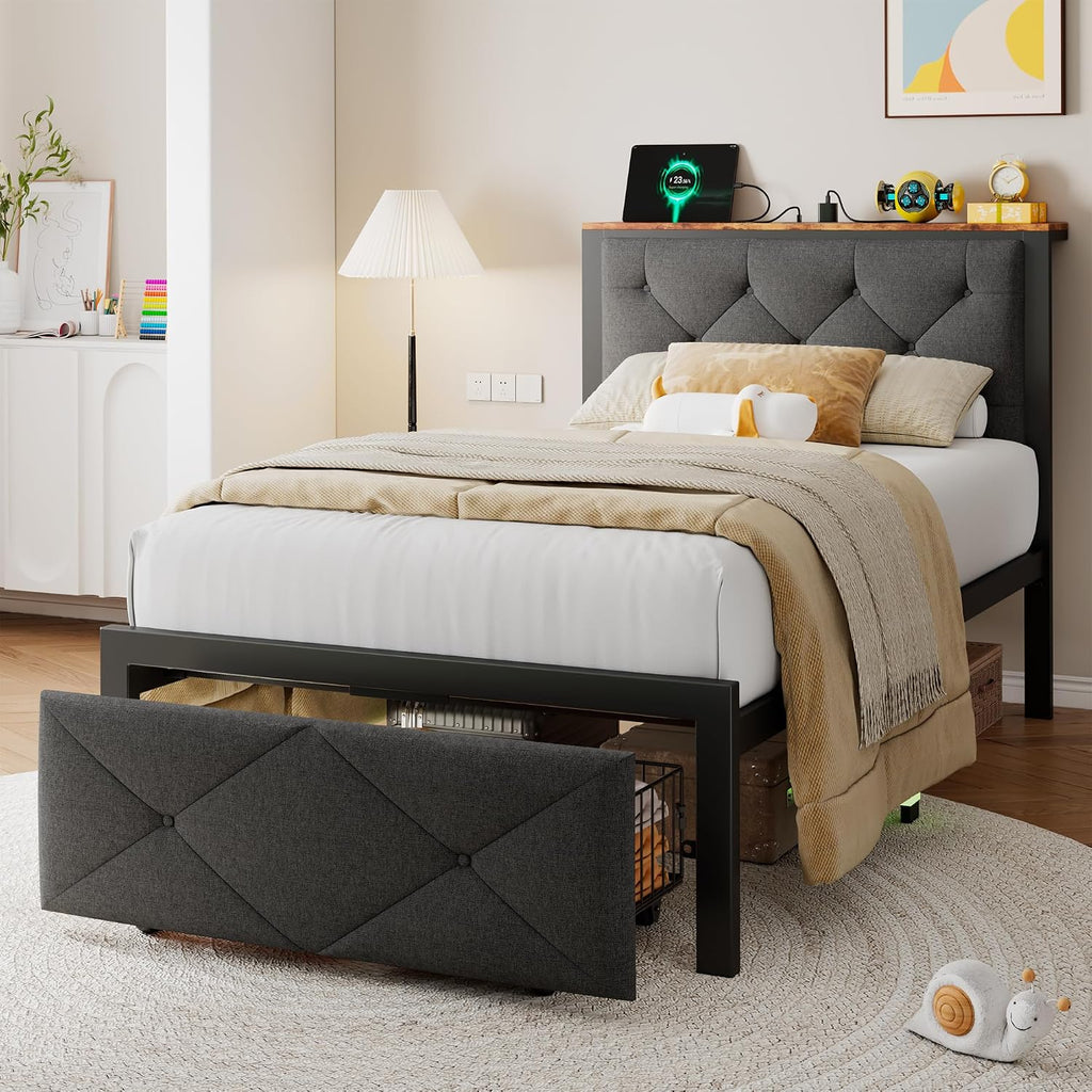 Einhomn Twin Bed Frame with Storage Drawer, Metal Platform Bed with Charging Station, Upholstered Button Tufted Storage Headboard, No Box Spring Needed, Noise-Free, Easy Assembly, Grey