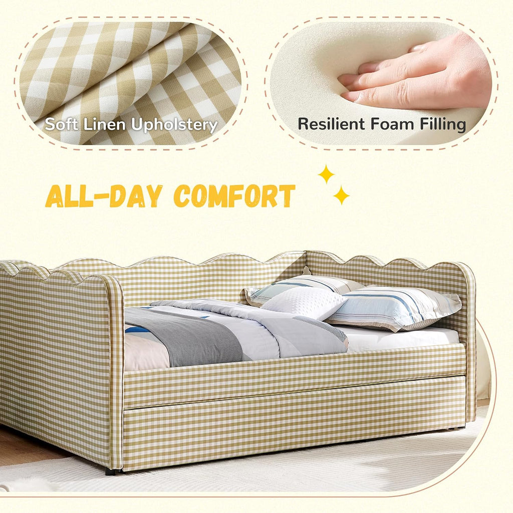 DEINPPA Full Size Upholstered Daybed with Trundle, Gingham Daybed with USB Ports for Bedroom Living Room Guest Room-Brown
