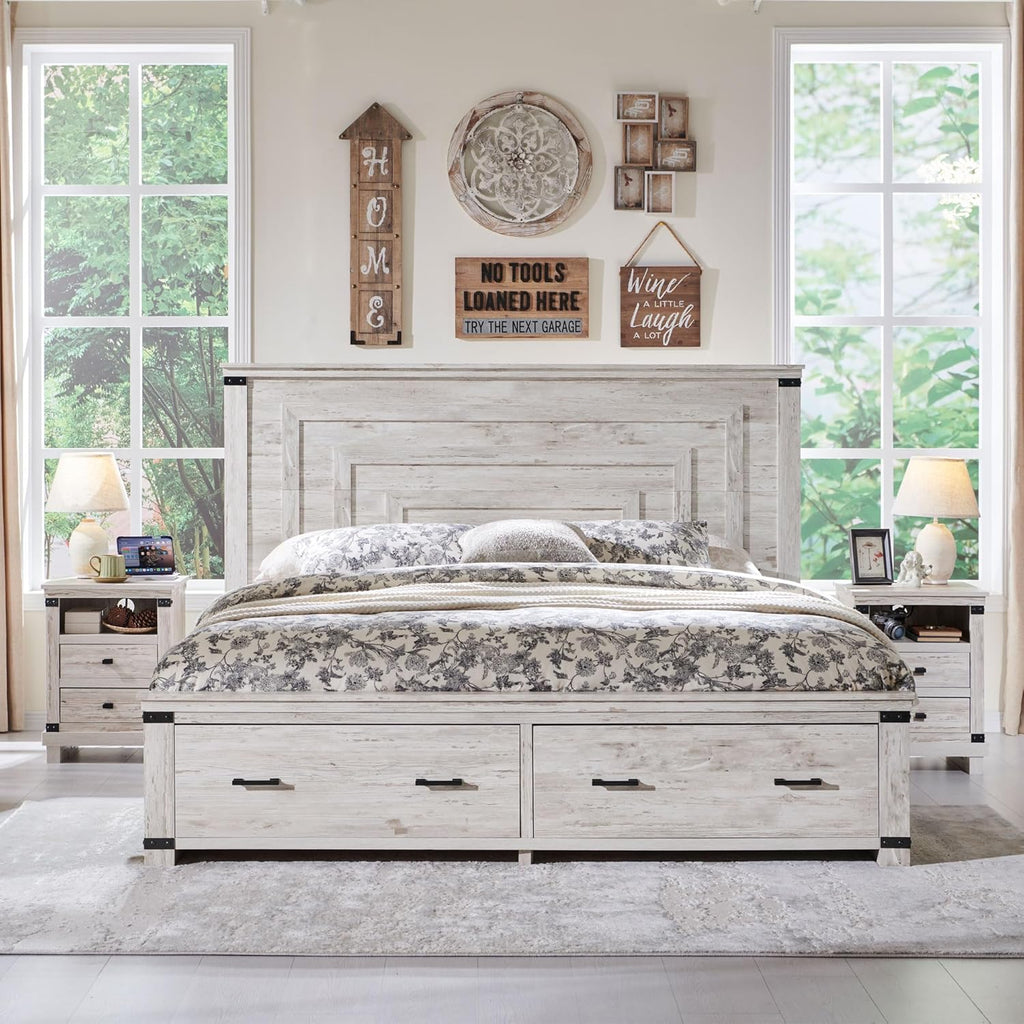 T4TREAM Farmhouse Queen Size Bed Frame with 54' Tall Geometric Headboard & 2 Large Storage Drawers, Rustic Wood Platform Bed with Wood Slats Support, No Box Spring Needed, Antique Brushed White