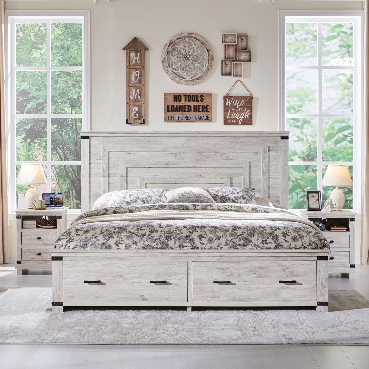 T4TREAM Farmhouse Queen Size Bed Frame with 54' Tall Geometric Headboard & 2 Large Storage Drawers, Rustic Wood Platform Bed with Wood Slats Support, No Box Spring Needed, Antique Brushed White