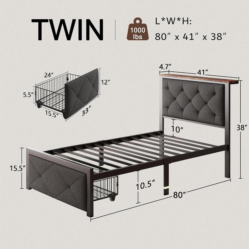 Einhomn Twin Bed Frame with Storage Drawer, Metal Platform Bed with Charging Station, Upholstered Button Tufted Storage Headboard, No Box Spring Needed, Noise-Free, Easy Assembly, Grey
