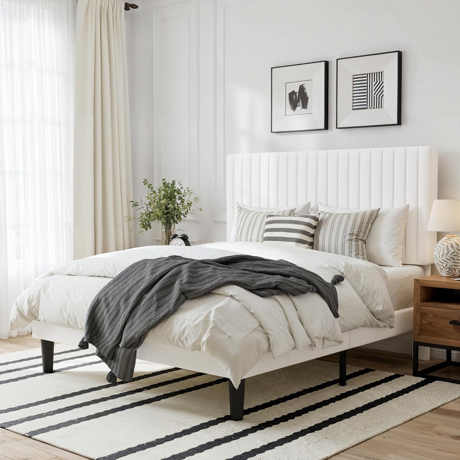 GOLDORO Queen Size Bed Frame with Adjustable Headboard, Velvet Upholstered Platform Bed, Vertical Channel Tufted Design, Wooden Slat Support, No Box Spring Needed, Easy Assembly, White