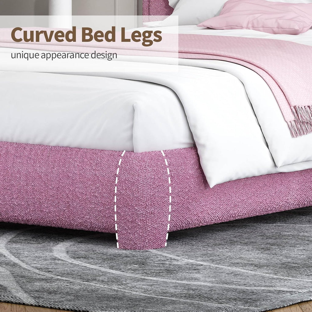 BarnFurin Twin Bed Frame with Headboard, Boucle Upholstered Platform Bed Frame, Soft Rounded Corners, No Box Spring Required, Easy Assembly, Rose Pink