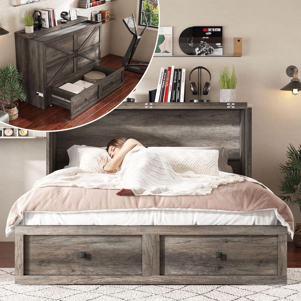 AMERLIFE Queen Murphy Bed with Storage & Charging Station, Farmhouse Murphy Cabinet with Foldable Panel, Noisy Free, for Living Room, Guest Bedroom, Office, Rustic Grey