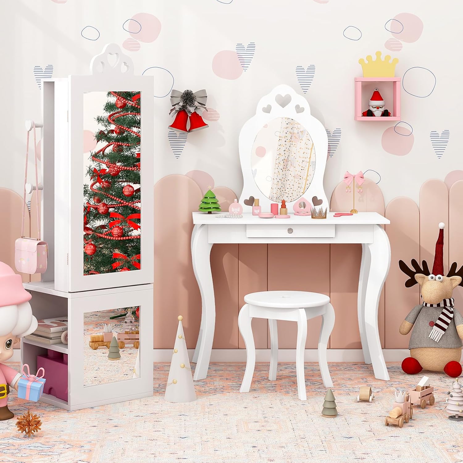Costzon Kids Vanity & Jewelry Armoire Cabinet, Wooden Kids Vanity Table and Chair Set, Standing Jewelry Organizer with Full-Length Mirror, Large Storage, Kids Bedroom Furniture Set for Girls (White)