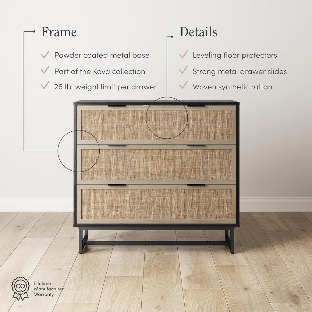 Nathan James Kova Boho Dresser or Storage Cabinet with Drawers for Bedroom or Nursery with Textilene Rattan Accent and Metal Legs, Black Oak, Set of 2