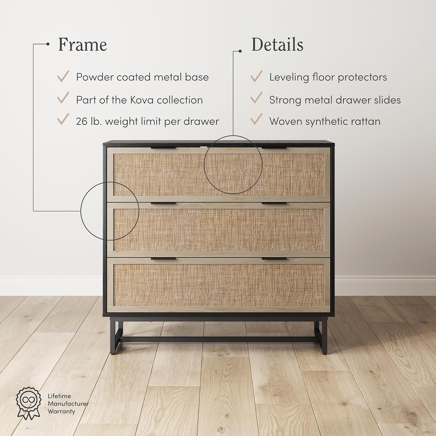 Nathan James Kova Boho Dresser or Storage Cabinet with Drawers for Bedroom or Nursery with Textilene Rattan Accent and Metal Legs, Black Oak, Set of 2