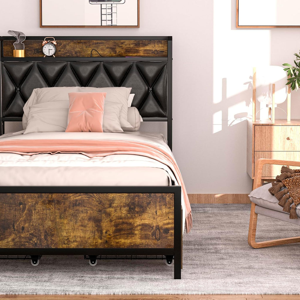GAZHOME Queen Bed Frame with 4 Storage Drawers and Charging Station, Queen Size Upholstered Platform Bed Storage Headboard, No Box Spring Needed, Heavy Duty Slats, Noise Free, Easy Assembly