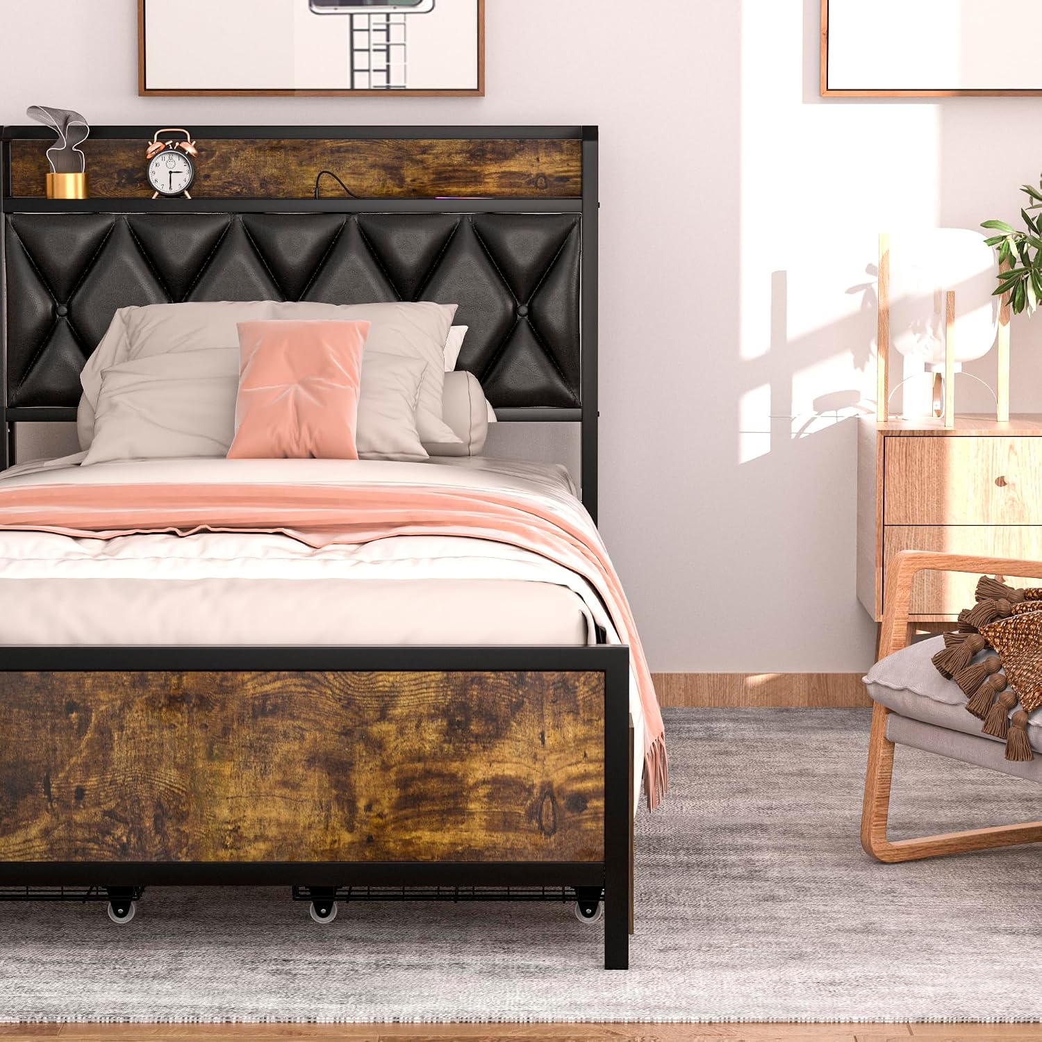 GAZHOME Queen Bed Frame with 4 Storage Drawers and Charging Station, Queen Size Upholstered Platform Bed Storage Headboard, No Box Spring Needed, Heavy Duty Slats, Noise Free, Easy Assembly