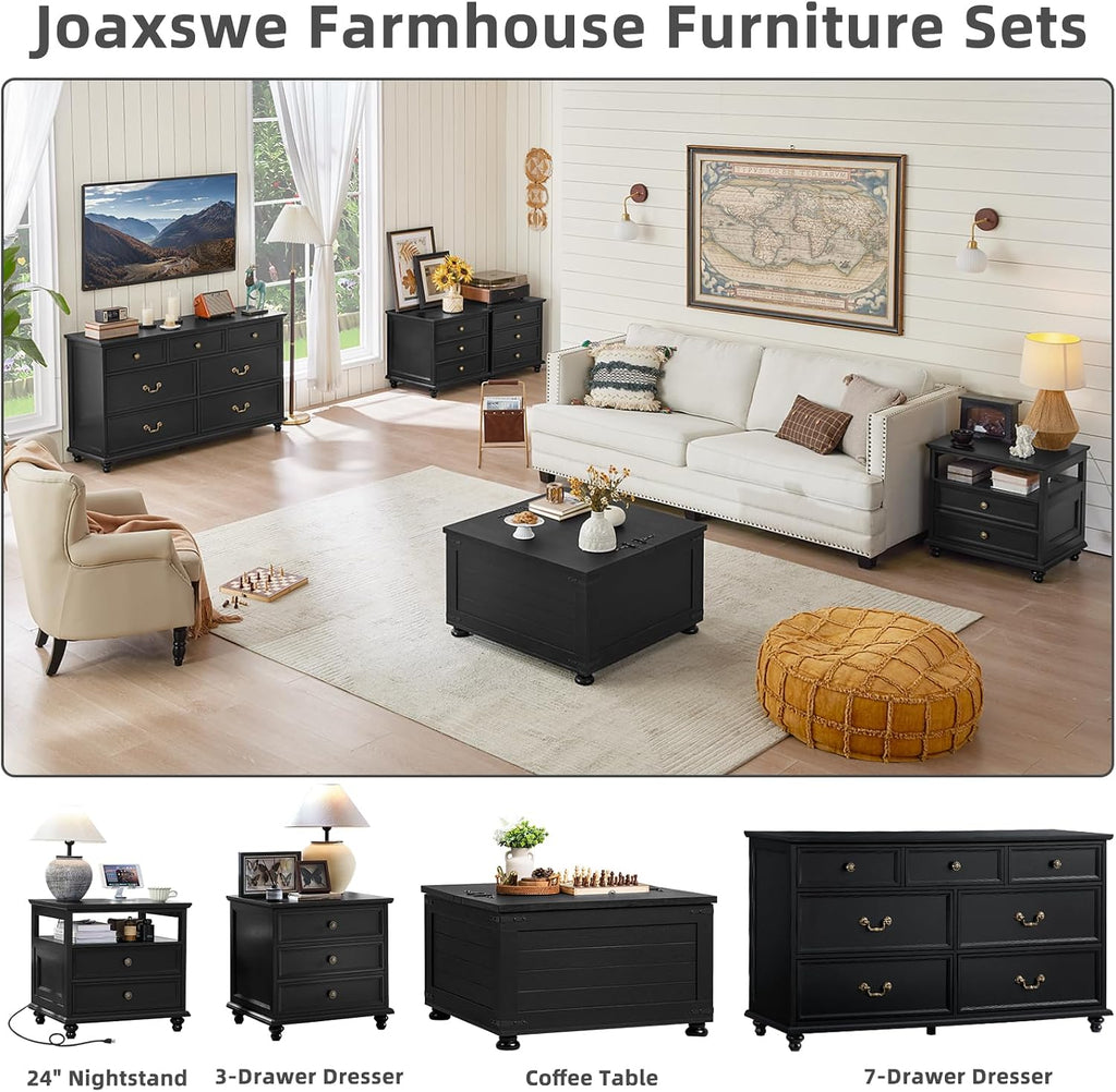 Joaxswe Farmhouse Dresser and Nightstand Sets, Wooden 7 Drawers Dresser & 24' Night Stand with 3 Drawers, 2 Piece Bedroom Furniture Set, Chest of Drawers for Bedroom, Home, Living Room, Hallway