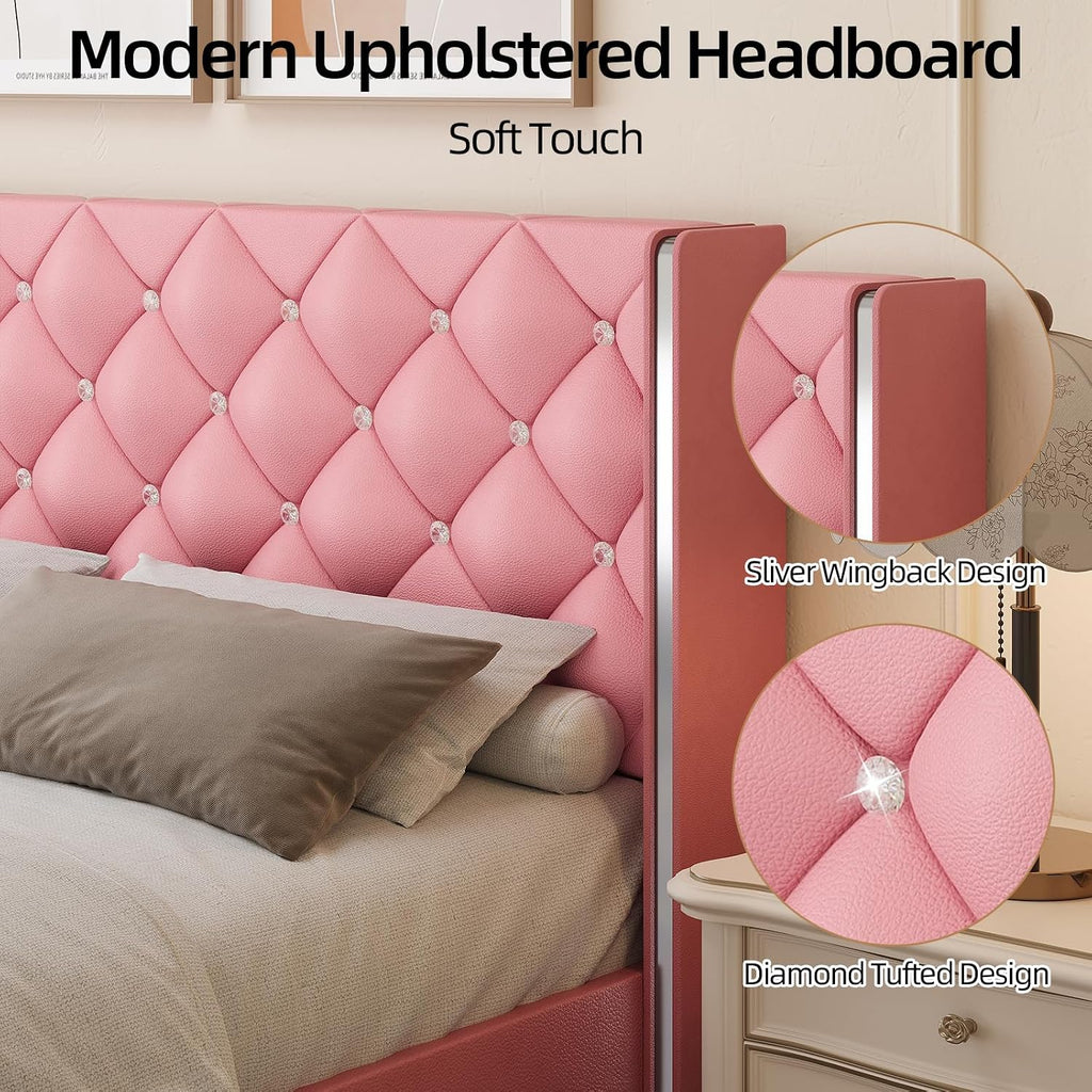 HOMBCK Twin Bed Frame with Headboard, Faux Leather Upholstered Bed with Diamond Tufted Design, Girls' Twin Bed Frames for Kids, No Box Spring Required, Easy Assembly, Pink