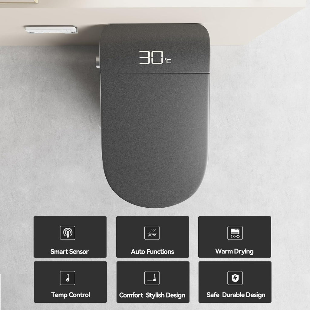 Smart Toilet,One Piece Toilet with Bidet Built In,Dryer & Warm Water - Ceramic Toilet with Sensing Distance, Auto Open/Close Seat,Grey