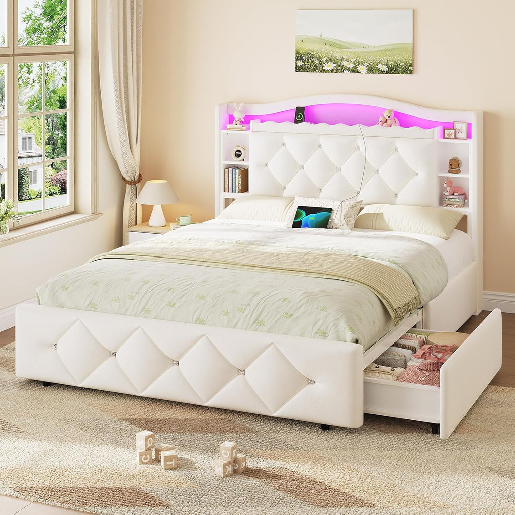 DICTAC Full Size Bed Frame for Kids with 4 Storage Drawers, Bookcase Headboard, LED Lights and Power Outlets, Diamond Tufted Velvet Upholstered Princess Platform Bed, Heavy-Duty Metal Support, Beige