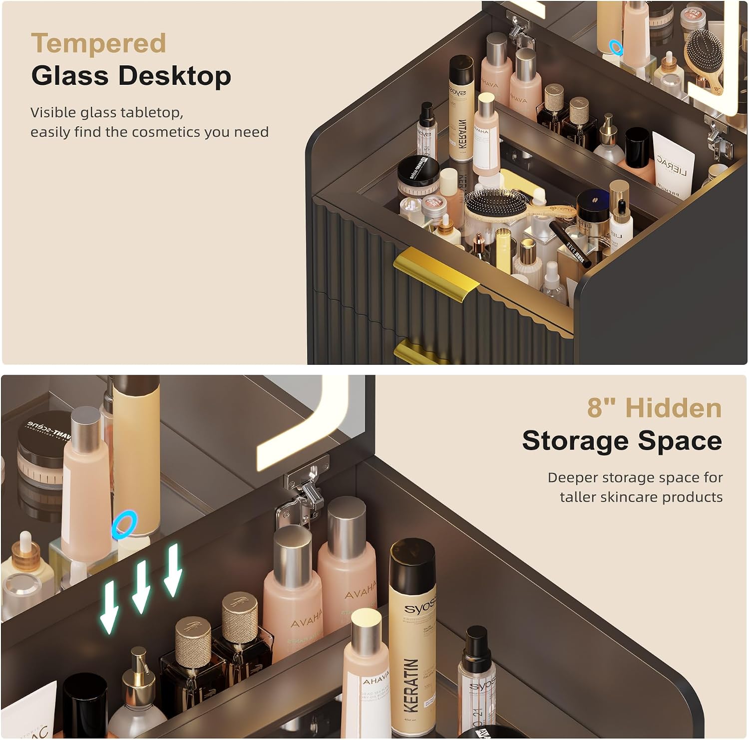 Lvifur 3 in 1 Vanity Desk with Plip Top Mirror,Black Small Makeup Vanity Set with Visible Glass Desktop,Compact Vanity with 3 Drawers,Storage Compartment and Padded Stool,Dressing Table for Bedroom