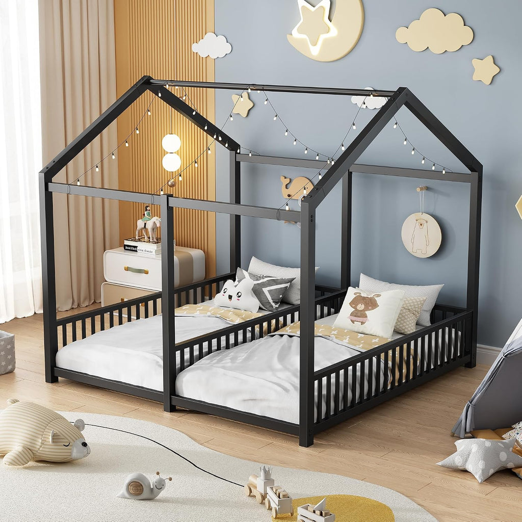 PVWIIK Double Montessori Floor Bed with Fence & Roof,Easy Assemble Bed Frame for Two Kids Teens Boys Girls,Twin Floor Bed, Black